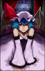 Rule 34 | 1girl, :q, all fours, bad id, bad pixiv id, bare shoulders, bat wings, bed, blue hair, border, bra, breasts, cleavage, detached sleeves, face, fang, female focus, highres, john marica, licking lips, lingerie, lips, looking at viewer, naughty face, red eyes, remilia scarlet, short hair, signature, slit pupils, solo, tongue, tongue out, touhou, underwear, wings