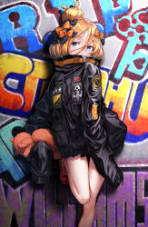Rule 34 | 1girl, abigail williams (fate), abigail williams (traveling outfit) (fate), black bow, black jacket, blonde hair, blue eyes, blush, bow, commentary request, covered mouth, crossed bandaids, fate/grand order, fate (series), fusante, graffiti, hair between eyes, hair bow, hair bun, head tilt, highres, jacket, long hair, long sleeves, hugging object, official alternate costume, orange bow, parted bangs, polka dot, polka dot bow, red bow, red footwear, shoes, single hair bun, sleeves past fingers, sleeves past wrists, solo, standing, standing on one leg, stuffed animal, stuffed toy, teddy bear