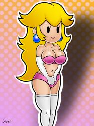 Rule 34 | 1girl, artist name, bare shoulders, black eyes, black outline, blank eyes, blonde hair, bra, breasts, circle, cleavage, closed mouth, collarbone, earrings, elbow gloves, eyelashes, gloves, gradient background, hands on lap, highres, jewelry, legs together, lips, long hair, mario (series), medium breasts, navel, nintendo, no nose, orange background, outline, own hands together, panties, paper mario, patterned background, pink background, pink bra, pink lips, pink panties, princess peach, shadow, sidelocks, sleepiitreat, smile, solo, standing, thighhighs, underwear, white gloves, white outline, white thighhighs