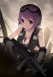 Rule 34 | 1girl, breasts, cait aron, camouflage, cleavage, dog tags, earmuffs, elbow pads, gloves, goggles, goggles on head, gun, h&amp;k mp5, heckler &amp; koch, highres, holding, holding weapon, knee pads, medium breasts, military, original, purple eyes, purple hair, rifle, short hair, solo, submachine gun, sweat, trigger discipline, weapon