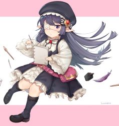 Rule 34 | 1girl, bag, beret, black cola, black dress, black footwear, black hat, black ribbon, black socks, blush, character name, closed mouth, commentary request, dress, eyepatch, granblue fantasy, harvin, hat, heart, heart-shaped pupils, highres, holding, inkwell, kneehighs, long hair, long sleeves, lunalu (granblue fantasy), notepad, pointy ears, purple eyes, purple hair, quill, ribbon, shirt, shoes, shoulder bag, sleeveless, sleeveless dress, socks, solo, striped ribbon, symbol-shaped pupils, v-shaped eyebrows, very long hair, white shirt, wide sleeves