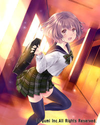 Rule 34 | 1girl, :d, blue thighhighs, bow, briefcase, brown eyes, brown hair, company name, from side, hallway, hanekoto, leg up, open mouth, plaid, plaid skirt, pleated skirt, school briefcase, school uniform, serafuku, short hair, skirt, smile, solo, standing, striped, striped bow, thighhighs, zettai ryouiki