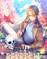 Rule 34 | 1boy, belt, black belt, blonde hair, blue shirt, board game, brown jacket, carpet, cherry blossoms, chess, chess piece, chessboard, collared shirt, copyright notice, day, falling petals, feet out of frame, flower, grass, hair over one eye, herbert (sid story), holding, holding chess piece, jacket, lens flare, looking at viewer, male focus, official art, open clothes, open collar, open jacket, outdoors, pants, parted lips, petals, pink flower, shirt, sid story, sila (carpen), sitting, skull, solo, white pants, yellow eyes