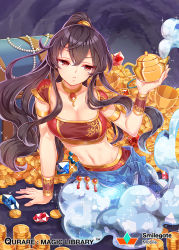 Rule 34 | 1girl, :&lt;, ahoge, arm support, arm up, armlet, black hair, breasts, brown hair, choker, cleavage, coin, copyright name, crystal, gem, genie, gold, hair between eyes, jewelry, large breasts, long hair, looking down, midriff, navel, necklace, official art, ponytail, pout, qurare magic library, raised eyebrow, sitting, skirt, smoke, solo, watermark, yellow choker, zenyu