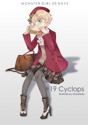 Rule 34 | 1girl, ankle boots, artist name, bag, biting, black footwear, black skirt, blonde hair, boots, bow, bowtie, cardigan, cross-laced footwear, cyclops, eating, food, frills, full body, green eyes, grey background, grey pantyhose, hands up, high heel boots, high heels, holding, holding food, invisible chair, jacket, long sleeves, looking at viewer, maruneko, miniskirt, monster girl, one-eyed, open clothes, open jacket, original, pantyhose, plaid, plaid skirt, pleated skirt, red headwear, red jacket, sandwich, shadow, short hair, sitting, skirt, solo, white bow, white bowtie