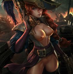 Rule 34 | 1girl, belt, blue eyes, braid, breastless clothes, breasts, breasts out, clitoris, cropped legs, dual wielding, elbow gloves, gloves, gradient background, gun, hand up, hat, highres, holding, holding weapon, league of legends, lips, long hair, looking at viewer, miss fortune (league of legends), nipples, no bra, no pants, nude, puffy short sleeves, puffy sleeves, pussy, red hair, short sleeves, single braid, sky, solo, thighhighs, uncensored, weapon