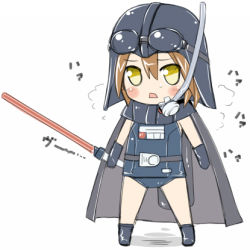 Rule 34 | 1girl, adapted costume, blush, breath, brown hair, cape, chaudlapin, chibi, darth vader, energy sword, female focus, gloves, goggles, lightsaber, lowres, one-piece swimsuit, school swimsuit, simple background, snorkel, solo, star wars, swimsuit, swimsuit costume, sword, weapon, yellow eyes