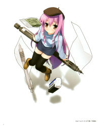 Rule 34 | 1girl, absurdres, beret, black thighhighs, boots, brand name imitation, eraser, hat, highres, kantoku, latex, long hair, mechanical pencil, mini person, minigirl, oversized object, paper, pencil, purple hair, solo, thighhighs, tombow mono, very long hair, zettai ryouiki