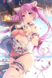 Rule 34 | 1girl, ahoge, animal ear fluff, animal ears, apron, arm garter, artist name, bare shoulders, beach, bikini, bikini day, black bikini, bloom, blurry, blurry background, blush, bokeh, bow, breasts, bridal garter, cat ears, cat girl, cat tail, closed mouth, commentary request, cowboy shot, cup, day, depth of field, detached collar, drinking glass, drinking straw, finger to mouth, flower, frilled apron, frilled bikini, frilled legwear, frilled panties, frills, groin, hair flower, hair ornament, hand up, highres, holding, holding tray, konomi (kino konomi), large breasts, leg up, long hair, looking at viewer, maid, maid apron, maid bikini, original, panties, petals, pink bow, pink hair, purple eyes, skindentation, solo, standing, string bikini, sunlight, swimsuit, tail, tail bow, tail ornament, thighs, tray, twintails, unconventional maid, underboob, underwear, waist apron, white apron, wrist cuffs