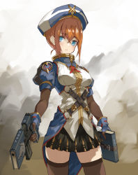 Rule 34 | 1girl, black skirt, blue eyes, blue gloves, blue hat, blush, book, breasts, brown hair, brown thighhighs, closed mouth, commentary request, cowboy shot, crossed belts, gloves, gun, hair between eyes, handgun, hat, highres, holding, holding book, holding gun, holding weapon, looking at viewer, medium breasts, nuqura, o-ring, original, puffy short sleeves, puffy sleeves, shirt, short sleeves, sidelocks, skirt, smoke, solo, standing, thighhighs, weapon, weapon request, white hat, white shirt