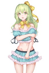 Rule 34 | 1girl, bad id, bad pixiv id, bare shoulders, blush, bow, breasts, cleavage, cowboy shot, green eyes, green hair, hair bow, highres, jname, large breasts, long hair, looking at viewer, miniskirt, navel, original, parted lips, ribbon, simple background, skirt, solo, standing, white background, yellow bow, yellow ribbon