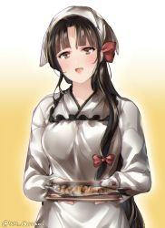 Rule 34 | 1girl, apron, black hair, blush, bow, breasts, brown eyes, fish, food, gradient background, hair bow, holding, holding plate, juurouta, kantai collection, kappougi, long hair, long sleeves, looking at viewer, medium breasts, open mouth, plate, shouhou (kancolle), side ponytail, smile, solo, twitter username