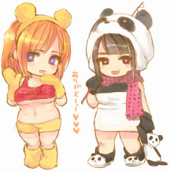 2girls animal_ears bear_ears blue_eyes brown_eyes brown_hair chouzuki_maryou cosplay disney fishing_rod gloves karoto luu_(cosplayer) multiple_girls orange_hair panda pooh pooh_(cosplay) scarf stuffed_animal stuffed_toy winnie_the_pooh