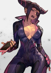 Rule 34 | 1girl, biker clothes, bikesuit, black hair, bodysuit, breasts, cleavage, drill hair, fingerless gloves, gloves, hair horns, han juri, hungry clicker, large breasts, looking at viewer, nail polish, open mouth, purple eyes, solo, street fighter, street fighter 6, twin drills