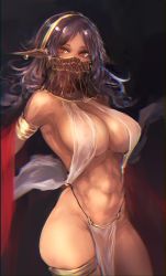 Rule 34 | 1girl, abs, armlet, armpits, bare shoulders, black background, black hair, breasts, cleavage, dark-skinned female, dark skin, hairband, harem outfit, hometa, large breasts, long hair, midriff, mouth veil, navel, original, red eyes, simple background, skindentation, solo, thighs, toned, veil