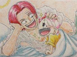 Rule 34 | 1boy, 1girl, age difference, aged down, child, daichan op, father and daughter, highres, long hair, looking at another, lying, multicolored hair, one piece, one piece film: red, red hair, shanks (one piece), simple background, smile, teeth, two-tone hair, uta (one piece), very long hair, yellow background