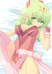 Rule 34 | 1girl, aged up, breasts, cleavage, dragon, fire emblem, fire emblem: mystery of the emblem, fire emblem awakening, garter straps, gloves, green eyes, green hair, hair ornament, kourourin, light smile, long hair, looking at viewer, lying, matching hair/eyes, naughty face, nintendo, on back, pink thighhighs, pointy ears, ribbon, solo, thighhighs, tiki (adult) (fire emblem), tiki (fire emblem)