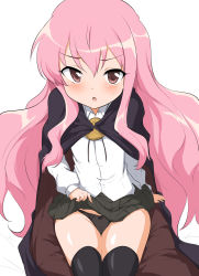 Rule 34 | 1girl, absurdres, black cape, black panties, black skirt, black thighhighs, blouse, brown eyes, cape, clothes lift, collared shirt, hair between eyes, highres, lifted by self, long hair, long sleeves, louise francoise le blanc de la valliere, momio, panties, pentacle, pink hair, pleated skirt, shirt, sidelocks, sitting, skirt, skirt lift, solo, thighhighs, underwear, white shirt, zero no tsukaima