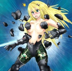 Rule 34 | 1girl, bare shoulders, blonde hair, blush, bodysuit, breasts, duel monster, embarrassed, female focus, g.b hunter, green eyes, hair between eyes, head tilt, knife, long hair, looking at viewer, navel, open mouth, solo, standing, ^^^, surprised, sweat, torn clothes, yu-gi-oh!, yuu-gi-ou, yu-gi-oh! duel monsters
