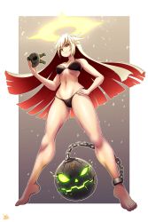 Rule 34 | 1girl, absurdres, ankh, bad id, bad pixiv id, ball and chain restraint, bikini, black bikini, border, breasts, commission, spiked halo, covered erect nipples, from below, full body, glowing, glowing eyes, glowing mouth, guilty gear, guilty gear xrd, halo, hand on own hip, highres, holding, holding mask, jack-o&#039; valentine, jmg, long hair, mask, medium breasts, multicolored hair, outside border, platinum blonde hair, red eyes, red hair, shiny skin, signature, smile, solo, swimsuit, two-tone hair, very long hair