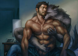 Rule 34 | 2boys, abs, animal ears, bara, beard, commentary request, dark-skinned male, dark skin, denim, facial hair, feet out of frame, furry, furry male, furry with non-furry, grabbing, grey fur, hug, hug from behind, indoors, interspecies, jeans, large pectorals, long sideburns, male focus, male pubic hair, mature male, multiple boys, muscular, muscular male, navel, navel hair, nick300, nipples, open fly, open pants, original, pants, pectoral grab, pectorals, pubic hair, pubic hair peek, short hair, sideburns, stomach, topless male, wolf boy, wolf ears, yaoi