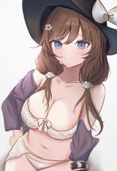 Rule 34 | 1girl, :3, absurdres, alternate hair length, alternate hairstyle, bikini, black hat, blue eyes, blush, breasts, brown hair, cleavage, collarbone, flower, flower hairpin, granblue fantasy, hair between eyes, hair flower, hair ornament, hair scrunchie, hand on own hip, hat, highres, large breasts, midriff, navel, raziel (granblue fantasy), raziel (summer) (granblue fantasy), ri shan, ribbon, scrunchie, smile, stomach, swimsuit, white background, white bikini, white flower, white ribbon, white scrunchie