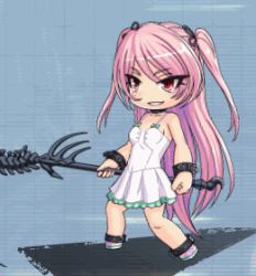 Rule 34 | 1girl, animated, animated gif, chibi, demon girl, dress, felicia (taimanin kurenai), full body, holding, holding scythe, holding weapon, lilith-soft, long hair, lowres, pink hair, pointy ears, red eyes, scythe, smile, solo, taimanin (series), taimanin kurenai, taimanin rpgx, twintails, very long hair, weapon, white dress