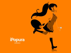 Rule 34 | 1girl, apple inc., apron, character name, copyright name, digital media player, earphones, faceless, faceless female, full body, ipod, ipod ad, limited palette, orange background, parody, ponytail, product placement, silhouette, simple background, socks, solo, soma (sohma), taneshima popura, tray, walking, working!!