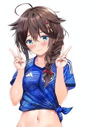 Rule 34 | 1girl, 2022 fifa world cup, ahoge, blue shirt, blush, bow, braid, breasts, brown hair, closed mouth, commentary request, double v, hair between eyes, hair bow, hair flaps, hair ornament, hair over shoulder, hands up, highres, kantai collection, navel, red bow, shigure (kancolle), shirt, short sleeves, simple background, single braid, small breasts, smile, soccer uniform, solo, sportswear, staryume, tied shirt, upper body, v, white background, world cup