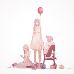 Rule 34 | 3girls, balloon, bare shoulders, barefoot, between legs, boots, capri pants, chair, closed eyes, collarbone, dress, feet on chair, female focus, hair bun, hand between legs, head wreath, holding, just be friends (vocaloid), long hair, megurine luka, multiple girls, multiple persona, muted color, pants, pink hair, profile, red eyes, simple background, single hair bun, sitting, sleeveless, sleeveless dress, spencer sais, standing, string, sundress, vocaloid, wariza, white background, white dress