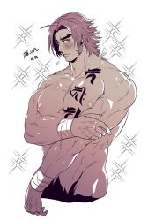 Rule 34 | 1boy, blush, breasts day, chest tattoo, cropped torso, groin, long sideburns, male focus, monochrome, muscular, nipples, nude, parted lips, pectorals, sepia, sideburns, simple background, sparkle, sweat, tachibana kuniei, tattoo, thick eyebrows, tonbokiri (touken ranbu), touken ranbu, white background