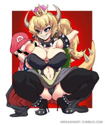Rule 34 | 1boy, 1girl, arm up, armlet, artist name, ass, black leotard, black thighhighs, blonde hair, blue eyes, blush, border, bowsette, breasts, cameltoe, cleavage, clothing cutout, collar, constricted pupils, covered erect nipples, earrings, full body, grin, hat, high heels, highres, horns, jewelry, large breasts, leotard, long hair, looking at another, mario, mario (series), mrkashkiet, navel, navel cutout, new super mario bros. u deluxe, nintendo, pointy ears, red background, sharp teeth, size difference, smile, spiked armlet, spiked collar, spiked tail, spikes, squatting, super crown, tail, teeth, thighhighs, white border