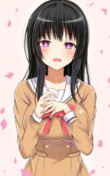 Rule 34 | 1girl, absurdres, bang dream!, black hair, blush, breasts, brown dress, buttons, commentary, double-breasted, dress, hanasakigawa school uniform, highres, large breasts, long hair, long sleeves, looking at viewer, open mouth, petals, purple eyes, sailor collar, sailor dress, school uniform, shirokane rinko, sidelocks, simple background, smile, solo, tokitoki (commando), upper body, white background, white sailor collar