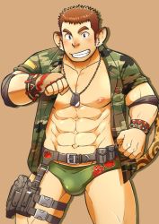 1boy, abs, animal ears, bara, bare pecs, blush, briefs, brown hair, bulge, camouflage, camouflage shirt, character request, dog tags, ei (marutendon), green male underwear, green shirt, jaguar boy, jaguar ears, jaguar tail, large pectorals, looking at viewer, male focus, male underwear, muscular, muscular male, navel, nipples, open clothes, open shirt, print shirt, shirt, short hair, sideburns, sleeves rolled up, smile, solo, stomach, tail, thick thighs, thighs, tokyo houkago summoners, underwear