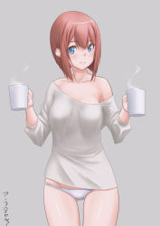 Rule 34 | 1girl, alternate costume, ark royal (kancolle), bare shoulders, blunt bangs, bob cut, cowboy shot, cup, gluteal fold, grey background, highres, inverted bob, kantai collection, long sleeves, mug, off-shoulder shirt, off shoulder, panties, red hair, shirt, short hair, simple background, smile, solo, t2r, underwear, white panties, white shirt