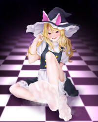 Rule 34 | 1girl, absurdres, apron, black dress, black hat, black nails, blonde hair, blurry, breath, buttons, checkered floor, depth of field, double-breasted, dress, feet, foot focus, foreshortening, frilled dress, frills, full body, hair between eyes, hand up, hat, highres, kirisame marisa, knee up, long hair, looking at viewer, maid, maid apron, mizuki mukawa, no shoes, on ground, open mouth, puffy short sleeves, puffy sleeves, red eyes, short sleeves, sidelocks, sitting, smell, socks, soles, solo, spread toes, steaming body, tile floor, tiles, toes, touhou, white apron, white socks, witch hat