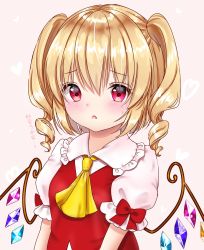 Rule 34 | 1girl, alternate hairstyle, ascot, blonde hair, blush, chestnut mouth, commentary, drill hair, flandre scarlet, frilled shirt collar, frills, hair between eyes, heart, highres, looking at viewer, no headwear, nyanyanoruru, parted lips, pink background, puffy short sleeves, puffy sleeves, red eyes, red vest, shirt, short hair, short sleeves, sleeve ribbon, solo, sweatdrop, touhou, translation request, twin drills, vest, white shirt, wings, yellow ascot