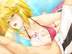 Rule 34 | 1boy, 1girl, bikini, blonde hair, blush, breasts squeezed together, breasts, censored, classy cranberry&#039;s, cum, cum on body, cum on breasts, cum on upper body, facial, game cg, hair ornament, hairclip, happoubi jin, hetero, kujou tsubasa, large breasts, looking up, nipples, open mouth, paizuri, penis, pink eyes, pool, short hair, sitting, sweat, swimsuit, water