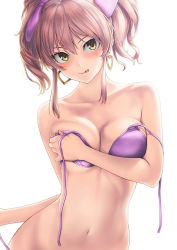 Rule 34 | 1girl, blush, bow, bra, breast hold, breasts, closed mouth, collarbone, commentary request, earrings, hair between eyes, hair bow, heart, heart earrings, holding, holding bra, holding clothes, holding underwear, idolmaster, idolmaster cinderella girls, jewelry, jougasaki mika, medium breasts, nail polish, navel, open bra, panties, pink nails, purple bow, purple bra, purple panties, side-tie panties, simple background, solo, stomach, tanaka shoutarou, tongue, tongue out, two side up, underwear, underwear only, undressing, untied panties, white background