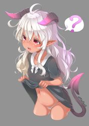 Rule 34 | 1girl, :o, ?, absurdres, ahoge, black dress, blush, clothes lift, cropped legs, dark-skinned female, dark skin, demon girl, demon horns, demon tail, dress, dress lift, grey background, grey hair, hair between eyes, highres, horns, lifting own clothes, long hair, navel, open mouth, original, panties, petite, pink eyes, pointy ears, simple background, solo, spoken question mark, tail, teeth, twitter username, underwear, wavy hair, white panties, yaosera