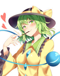 Rule 34 | 1girl, black hat, blush, bow, closed mouth, commentary request, food, food in mouth, green eyes, hat, hat bow, heart, highres, komeiji koishi, looking at viewer, nagomian, pocky, short hair, simple background, smile, solo, third eye, touhou, upper body, white background, wide sleeves, yellow bow