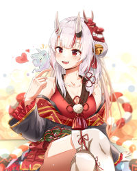 Rule 34 | 1girl, :d, absurdres, bare shoulders, bell, black kimono, blush, breasts, crossed legs, double bun, fangs, frilled sleeves, frills, gold trim, gradient hair, hair bell, hair bun, hair ornament, highres, hololive, horns, japanese clothes, jingle bell, kimono, kouhaku nawa, long hair, long sleeves, mask, mask on head, multicolored hair, nakiri ayame, nakiri ayame (1st costume), off shoulder, oni, oni mask, open mouth, red eyes, red hair, rope, shimenawa, shiranui (nakiri ayame), short kimono, silver hair, sitting, skin-covered horns, small breasts, smile, solo, streaked hair, tassel, thighhighs, two side up, u da desu, virtual youtuber, white thighhighs