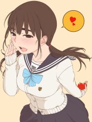 Rule 34 | 1girl, 99aj, arm behind back, blue bow, blue bowtie, blue eyes, blush, bow, bowtie, brown eyes, brown hair, candy, cardigan, chocolate, chocolate heart, collarbone, commentary request, ear blush, floating clothes, floating hair, food, from above, hair tie, hand on own cheek, hand on own face, heart, highres, holding, holding heart, looking at viewer, open mouth, original, pleated skirt, sailor collar, school uniform, serafuku, simple background, skirt, sleeves past wrists, solo, spoken heart, twintails, upper body, valentine, yellow background