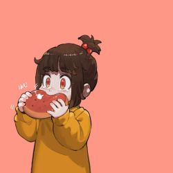 Rule 34 | 1girl, puff of air, bread bun, brown eyes, brown hair, child, commentary request, eating, food, food in mouth, highres, holding, holding food, jun (navigavi), little sister (navigavi), long sleeves, medium hair, original, sidelocks, simple background, solo, sparkling eyes, sweater, tears, translation request, yellow sweater