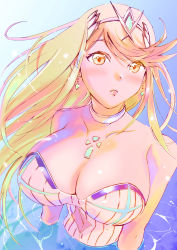 Rule 34 | 1girl, absurdres, blonde hair, breasts, chest jewel, gem, headpiece, highres, large breasts, long hair, mythra (radiant beach) (xenoblade), mythra (xenoblade), one-piece swimsuit, ribbed swimsuit, solo, strapless, strapless one-piece swimsuit, striped clothes, striped one-piece swimsuit, swept bangs, swimsuit, tiara, ug333333, vertical-striped clothes, vertical-striped one-piece swimsuit, very long hair, white one-piece swimsuit, xenoblade chronicles (series), xenoblade chronicles 2, yellow eyes
