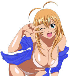 Rule 34 | 00s, 1girl, ahoge, bikini, blonde hair, blue eyes, breasts, cleavage, covered erect nipples, fang, highres, ikkitousen, large breasts, leaning forward, long hair, looking at viewer, one eye closed, open mouth, smile, solo, sonsaku hakufu, swimsuit