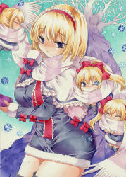 Rule 34 | 1girl, adapted costume, alice margatroid, blonde hair, blue background, blue eyes, book, boots, bow, breasts, capelet, closed eyes, covering own mouth, dress, female focus, fur trim, gradient background, hair bow, headband, kotosanomaa, large breasts, light smile, marker (medium), marron marron, millipen (medium), one eye closed, ponytail, ribbon, scarf, shanghai doll, shared clothes, shared scarf, short hair, side ponytail, sleeves past wrists, smile, snowflakes, touhou, traditional media, tree, twintails, wink