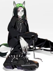 Rule 34 | 1girl, :/, animal ears, billie eilish, black footwear, black hair, black pants, black shirt, boots, closed mouth, colored skin, furrification, furry, furry female, gradient hair, green hair, grey skin, highres, idkuroi, jewelry, long hair, long sleeves, looking at viewer, multicolored hair, multiple rings, necklace, pants, real life, ring, shirt, simple background, sitting, solo, spikes, tail, white background