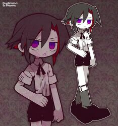 Rule 34 | 1boy, aged down, artist name, black hair, black ribbon, black shorts, child, closed mouth, colored skin, commission, commissioner name, fumus (funamusea), funamusea, funamusea (artist), grey socks, male focus, multicolored hair, official art, purple eyes, red hair, ribbon, shirt, shoes, short sleeves, shorts, skeb commission, socks, solo, two-tone hair, white shirt, white skin, zoom layer