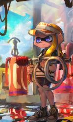 Rule 34 | 1girl, bad id, bad twitter id, bike shorts, black footwear, black shorts, blonde hair, blue eyes, blue sky, closed mouth, cloud, commentary request, day, full body, gas station, goo tuber (splatoon), hat, highres, holding, holding weapon, inkling, inkling girl, inkling player character, kashu (hizake), lace, long hair, looking away, monster girl, nintendo, orange hat, outdoors, pointy ears, puddle, shirt, shoes, short eyebrows, short sleeves, shorts, sky, smile, sneakers, solo, splatoon (series), splatoon 2, standing, striped clothes, striped shirt, tentacle hair, visor cap, weapon